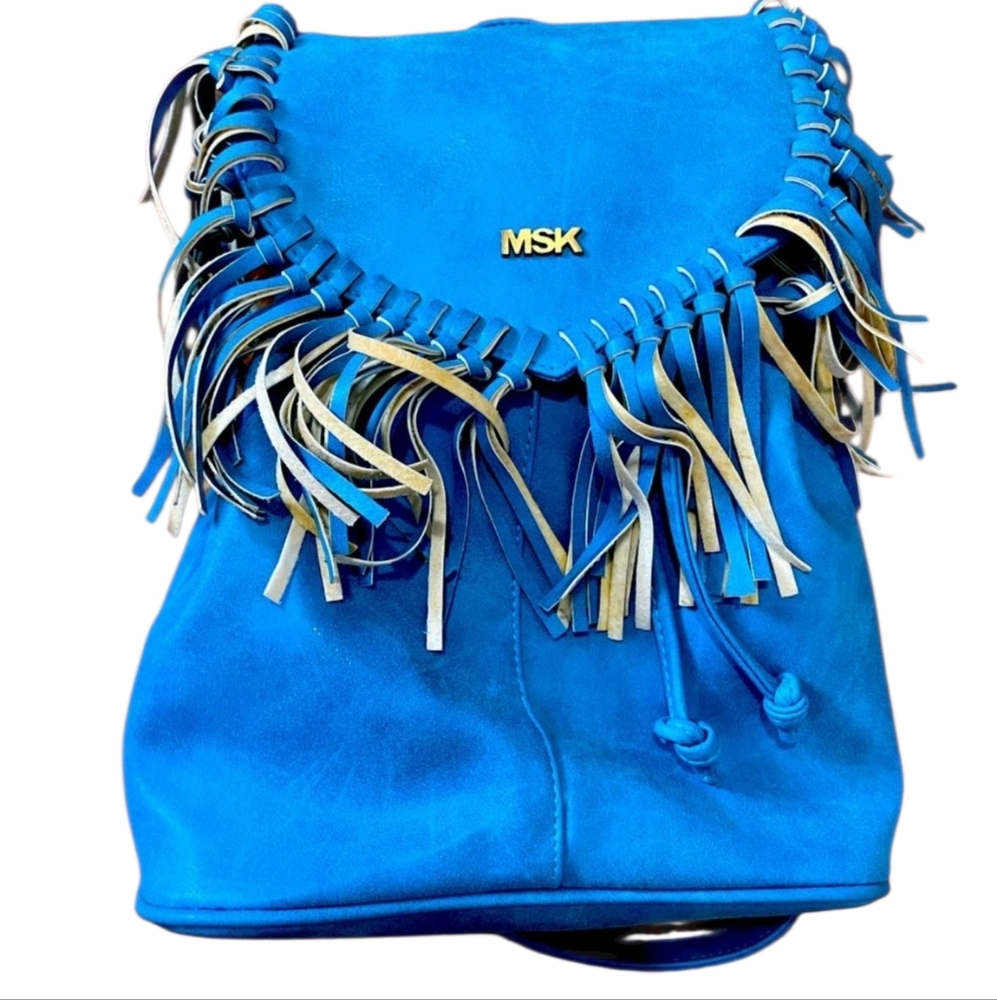 MSK Blue and Beige Fringe Drawstring Backpack